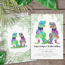 Invitación Boda gay de dinosaurios coloridos T-Rex Dos Grooms