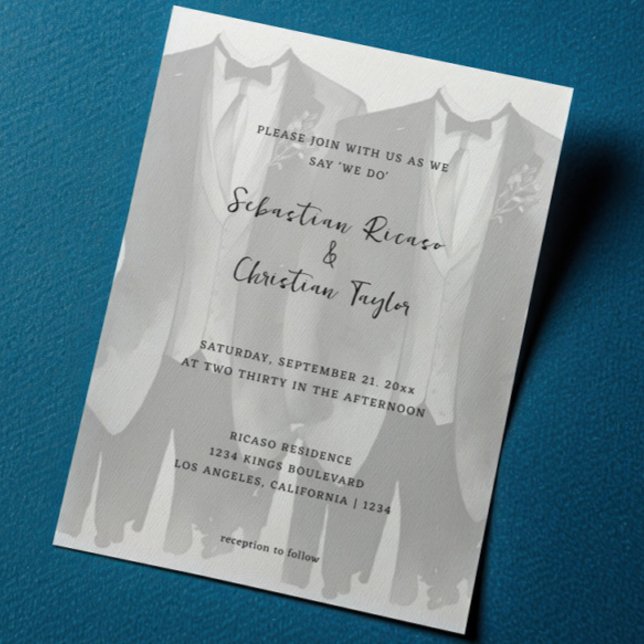 Invitación Boda gay de dos colonias en traje y lazos (Gay Wedding Two Grooms in Suits and Ties Invitation by Ricaso Modern same sex wedding invites )