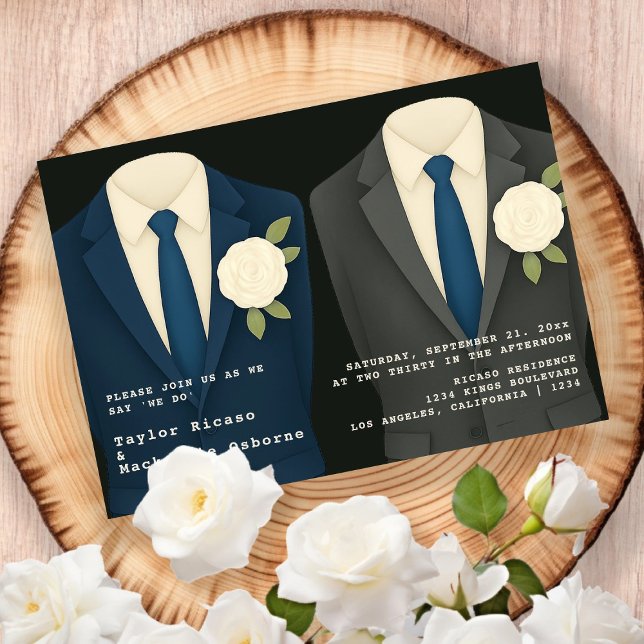 Invitación Boda gay de dos colonias en traje y lazos (Gay Wedding Two Grooms in Suits and Ties Invitation by Ricaso. Exclusive to Zazzle. Same sex wedding)