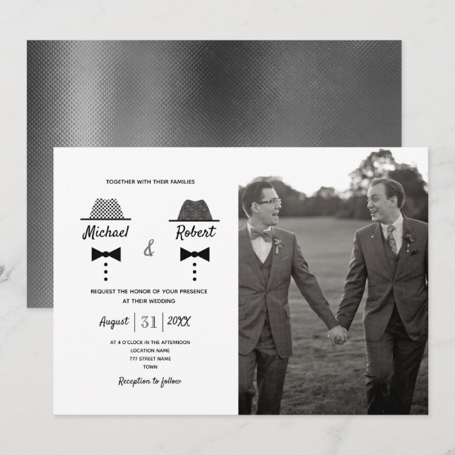 Invitación Boda gay de foto blanca negra (Anverso / Reverso)
