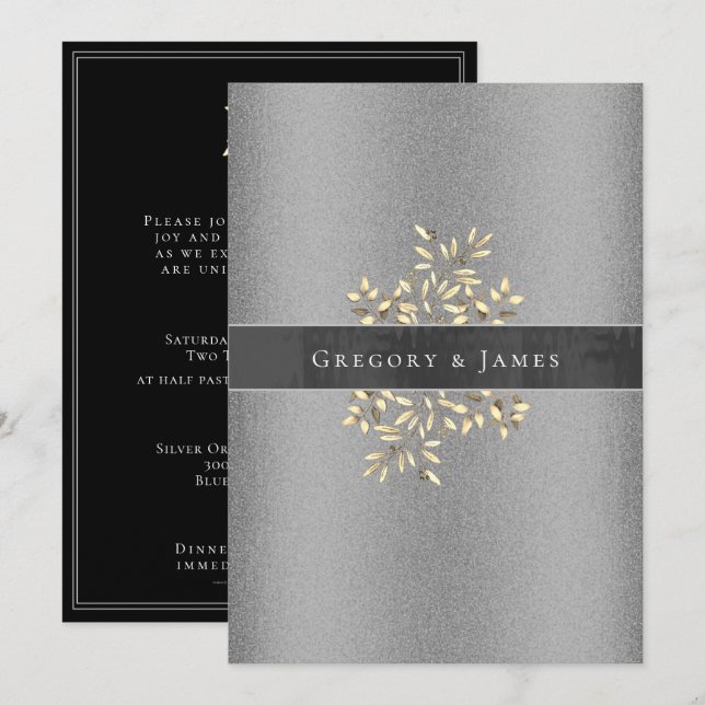 Invitación Boda Gay de la cinta satinada de satén gris y plat (Anverso / Reverso)