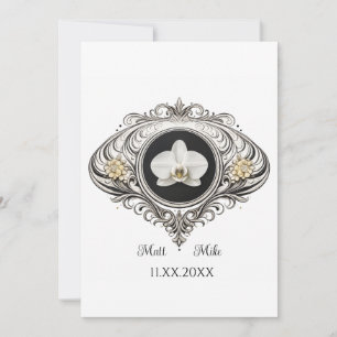 Invitación boda gay de orquídea vintage en blanco y negro