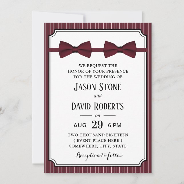 Invitación Boda gay doble amarra lazos rojo borgoña (Anverso)
