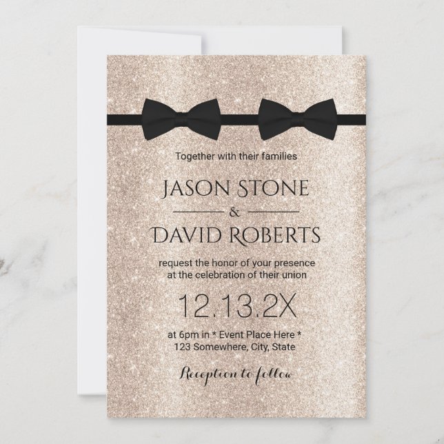 Invitación Boda gay doble remolque lazos modernos marfil-oro (Anverso)