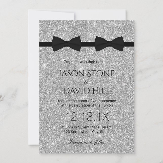 Invitación Boda gay doble remolque lazos modernos Purpurina p (Anverso)
