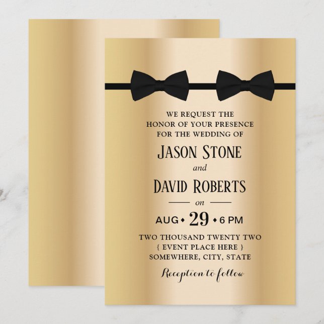 Invitación Boda gay doble remolque lazos oro moderno (Anverso / Reverso)