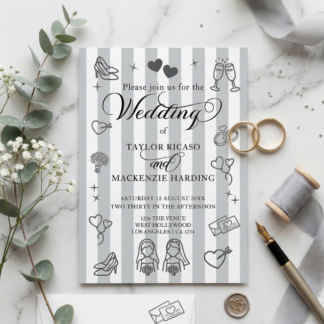 Invitación Boda Gay Dos Novias Dibujos Caprichosos (Gay Wedding Two Brides Whimsical Doodles Invitation
by Ricaso. Lesbian brides modern and fun)