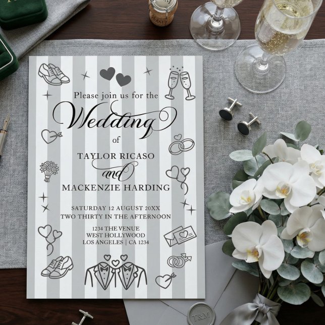 Invitación Boda Gay Dos Novios Dibujos Caprichosos (Gay Wedding Two Grooms Whimsical Doodles Invitation by Ricaso. LGBT modern wedding invites)