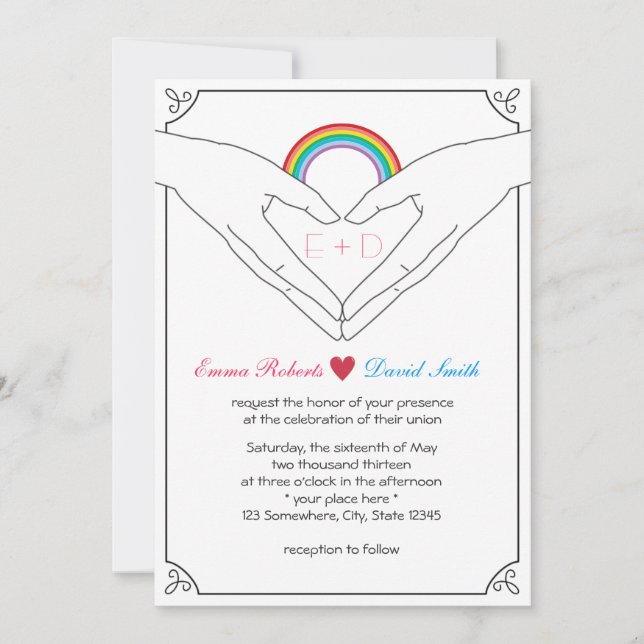 Invitación Boda gay elegante corazón de mano y arcoiris (Anverso)