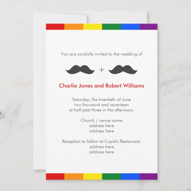 Invitación BODA gay LGBT Mustaches Rainbow (Anverso)