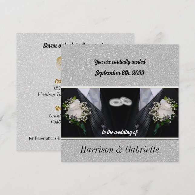 Invitación Boda gay tux negro de dos Grooms (Anverso / Reverso)