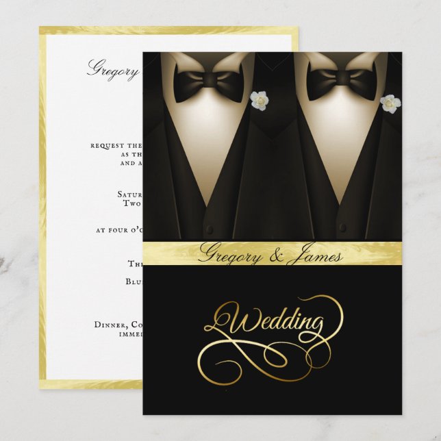 Invitación Boda gay Tuxedos Relieve metalizado dorado de rosa (Anverso / Reverso)