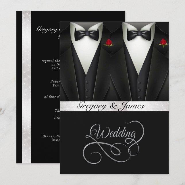 Invitación Boda gay Tuxedos Relieve metalizado dorado de rosa (Anverso / Reverso)