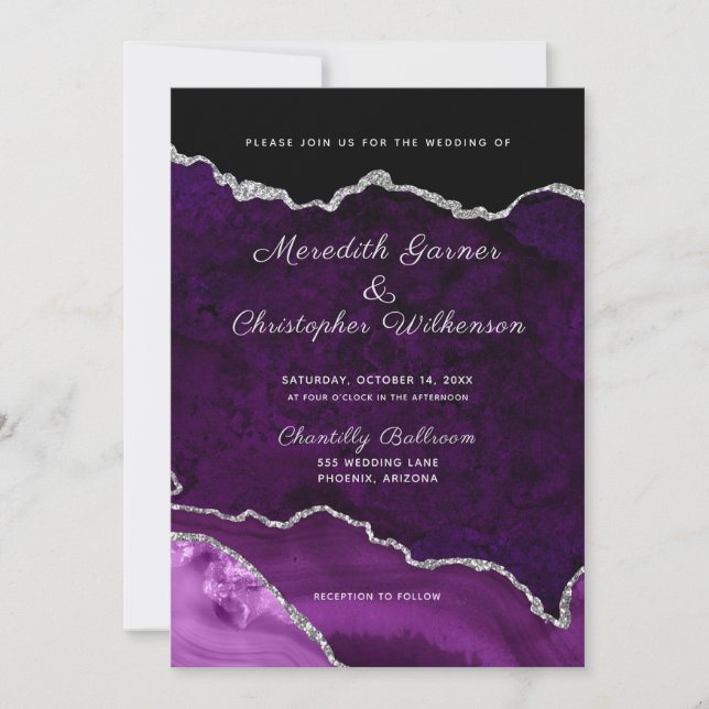 Invitación Boda Geode de Agate Purpurina de Plata Púrpura Ros (Anverso)