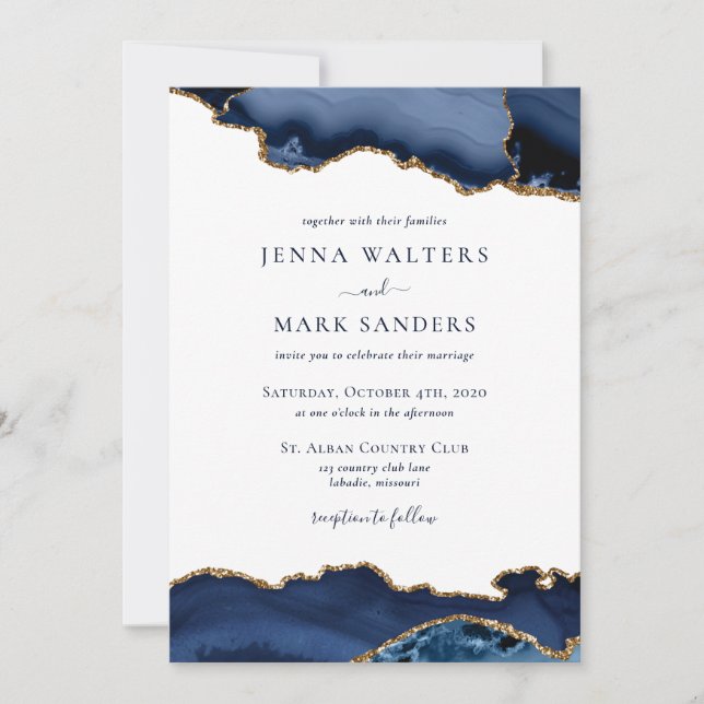 Invitación Boda Geode Gemstone de la Marina Gold Agate (Anverso)