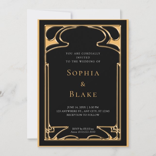 Invitación Boda Geometric Black and Gold Art Deco (Anverso)