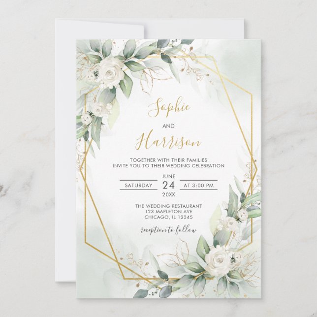 Invitación Boda Geometric Elegant Sage y Gold Greenerenery (Anverso)