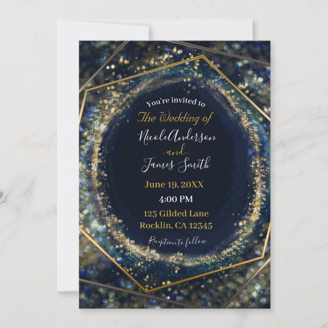 Invitación Boda Geométrica Abstracta Luces Doradas Azul Marin (Anverso)