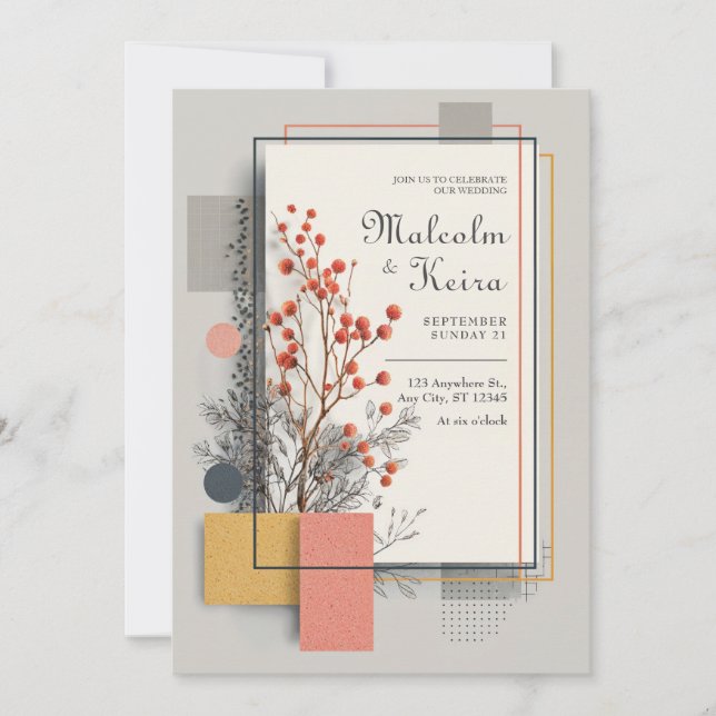 Invitación Boda Geométrica Abstracta Moderna de Naranja y Fru (Anverso)