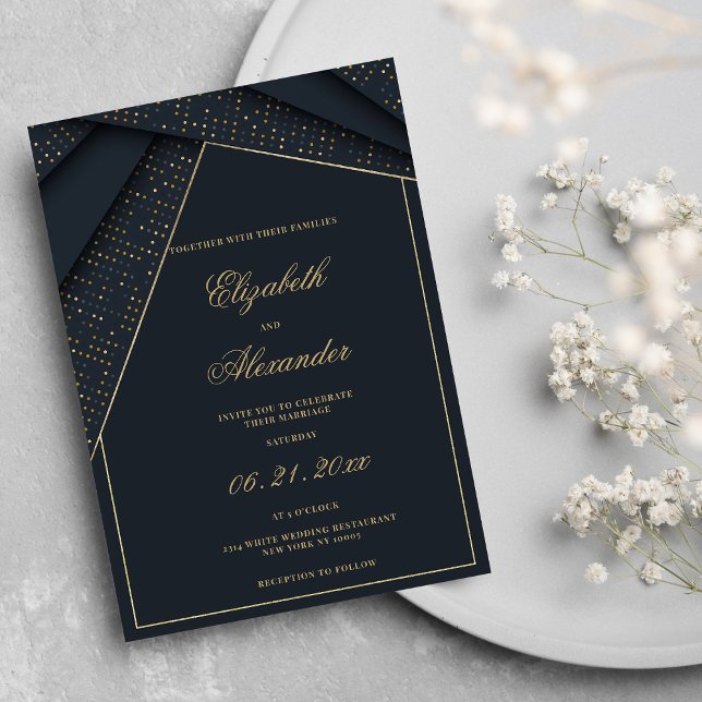 Invitación Boda geométrica abstracta oscura azul elegante dor (Abstract dark blue elegant gold geometric wedding)