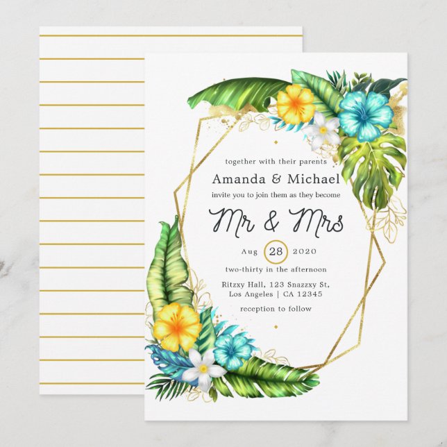 Invitación Boda Geométrica Aloha Tropical en Playa de Verano (Anverso / Reverso)