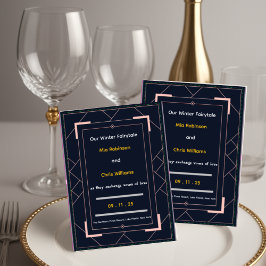 Invitación Boda Geométrica Art Déco Azul Marino Rosa Dorado