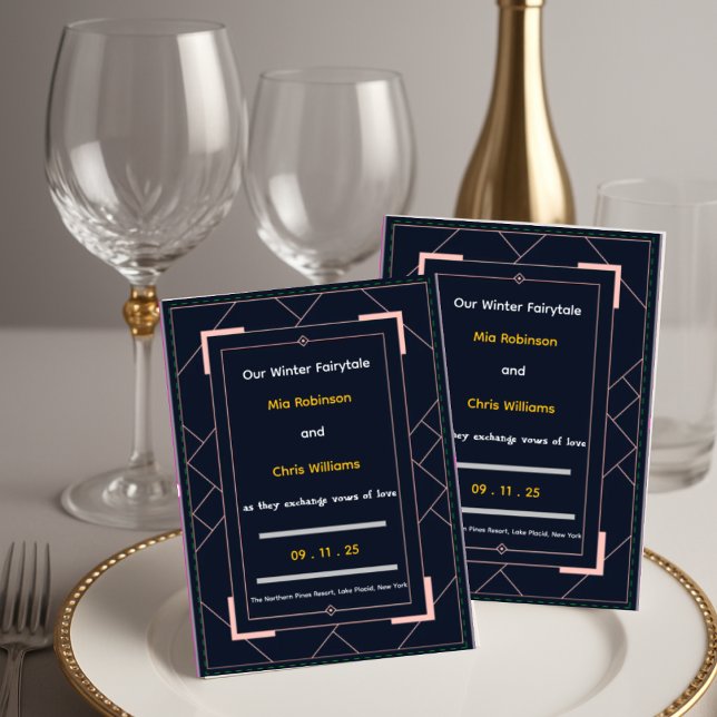 Invitación Boda Geométrica Art Déco Azul Marino Rosa Dorado (Navy Blue Art Deco Rose Gold Geometric Wedding)