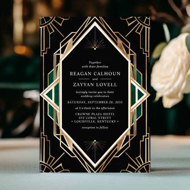 Invitación Boda geométrica Art Déco negro y dorado con esmera (Subido por el creador)