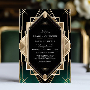 Invitación Boda Geométrica Art Déco Verde Esmeralda y Dorado