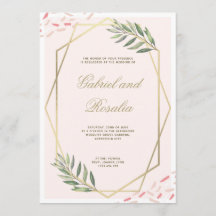 Boda geométrica con borde floral en dorado rosado