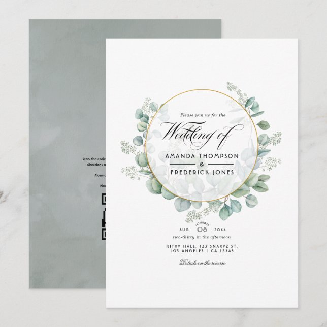 Invitación Boda geométrica con código QR de eucalipto Sage Pl (Anverso / Reverso)