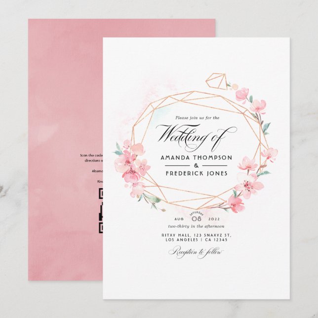 Invitación Boda geométrica con código QR de flor de cerezo ro (Anverso / Reverso)