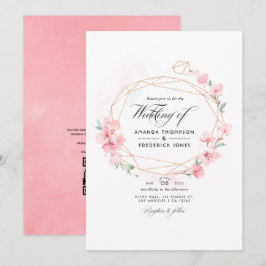 Invitación Boda geométrica con código QR de flor de cerezo ro