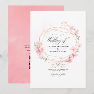 Invitación Boda geométrica con código QR de flor de cerezo ro