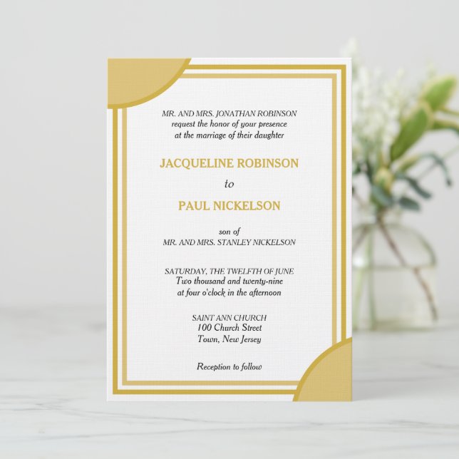 Invitación Boda geométrica con monograma dorado blanco (Anverso de pie)