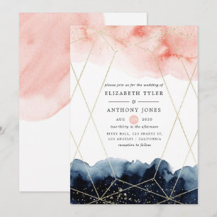 Invitación Boda geométrica de acuarela en azul marino y rubor