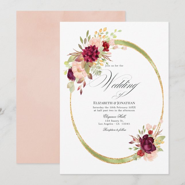 Invitación Boda geométrica de Borgoña y Marsala y rubor (Anverso / Reverso)