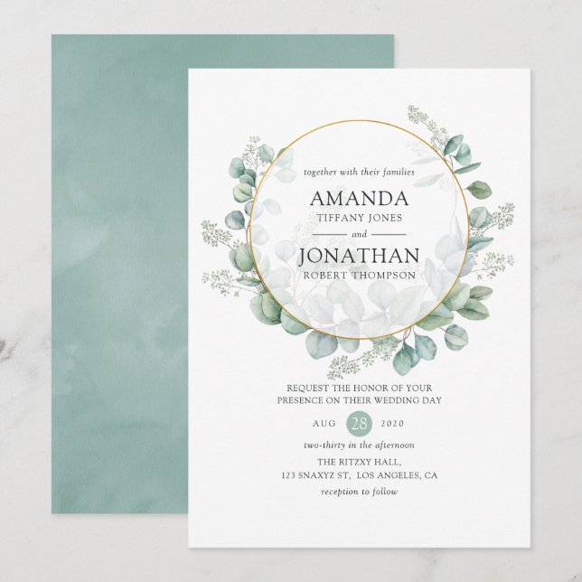 Invitación Boda geométrica de eucalipto con acuarela (Anverso / Reverso)