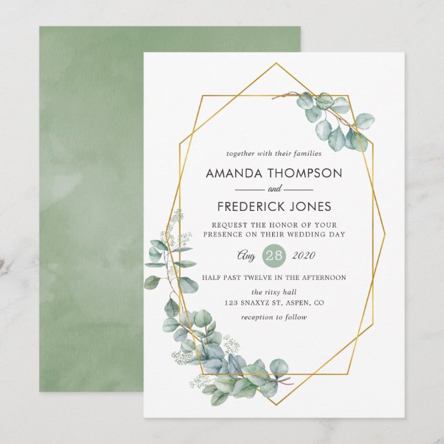 Invitación Boda geométrica de eucalipto con acuarela (Anverso / Reverso)