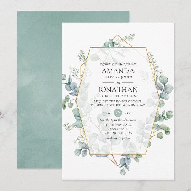 Invitación Boda geométrica de eucalipto con acuarela (Anverso / Reverso)