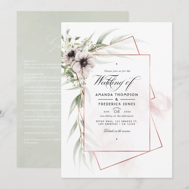 Invitación Boda geométrica de eucalipto con anémonas en acuar (Anverso / Reverso)