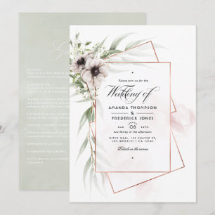 Invitación Boda geométrica de eucalipto con anémonas en acuar
