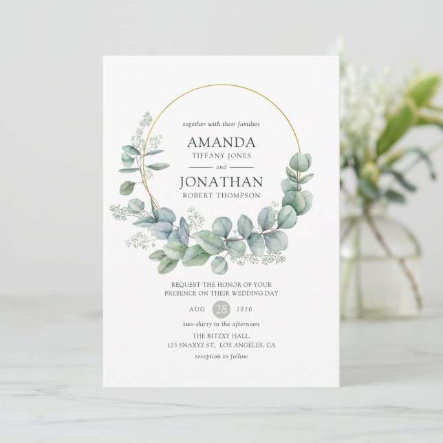 Invitación Boda geométrica de eucalipto con salvia plateada (Anverso de pie)
