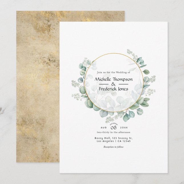 Invitación Boda geométrica de eucalipto dorado (Anverso / Reverso)