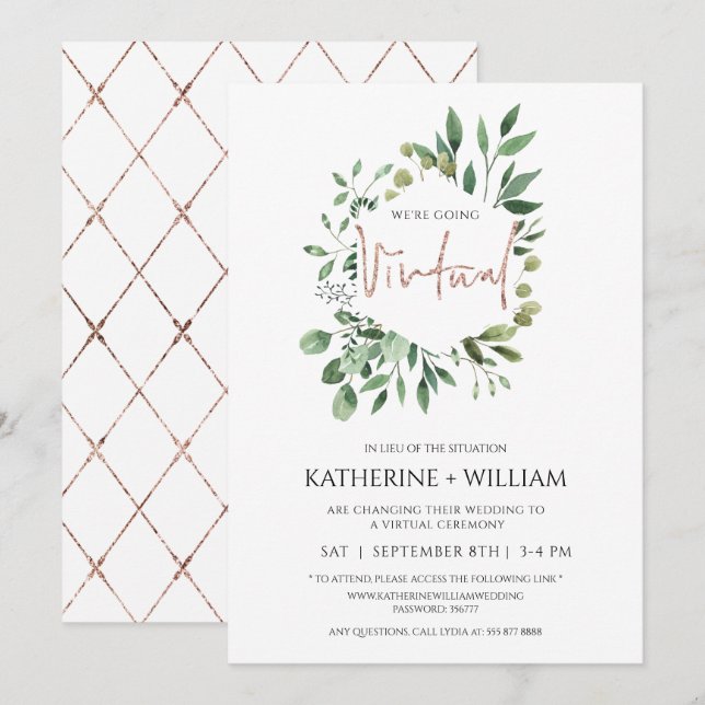 Invitación Boda geométrica de eucalipto dorado virtual (Anverso / Reverso)