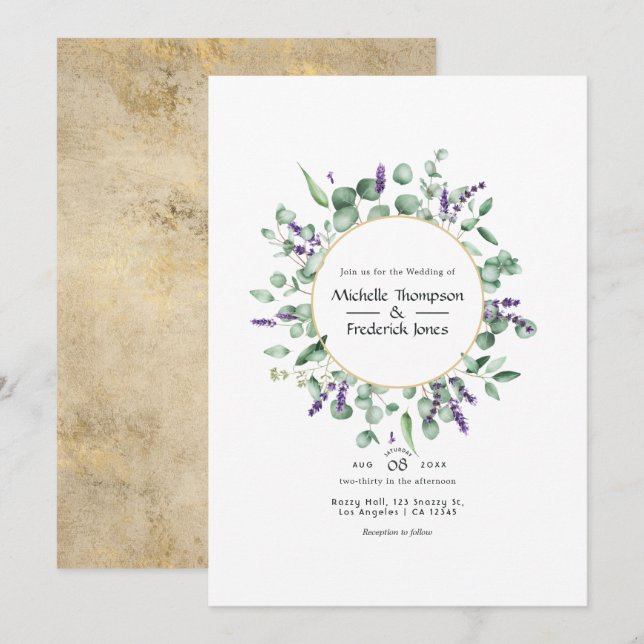 Invitación Boda geométrica de eucalipto y lavanda en oro (Anverso / Reverso)