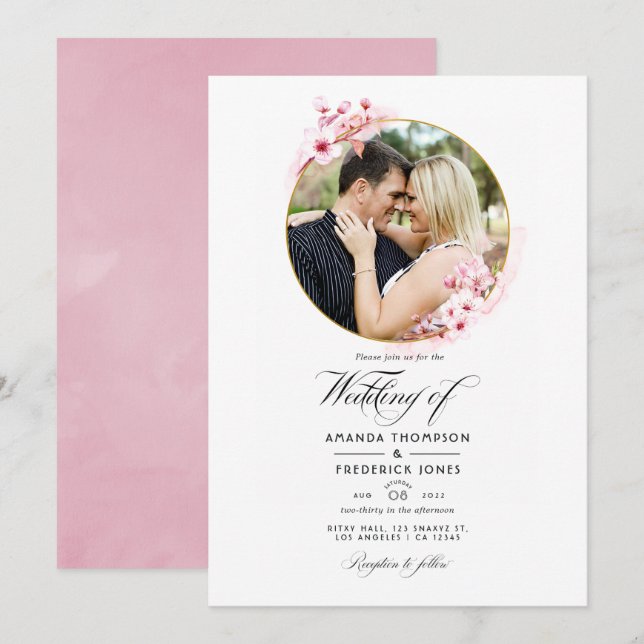 Invitación Boda geométrica de flor de cerezo rosa en primaver (Anverso / Reverso)