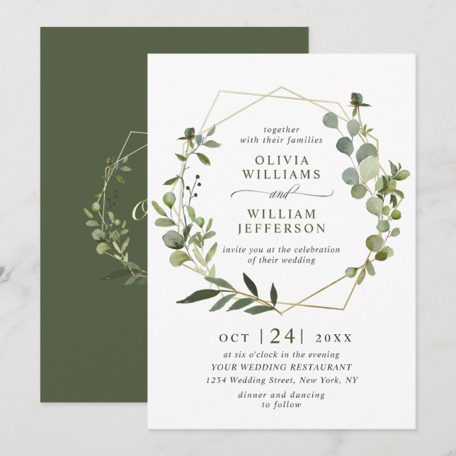 Invitación Boda Geométrica de Foliaje de Eucalipto Moderno (Anverso / Reverso)
