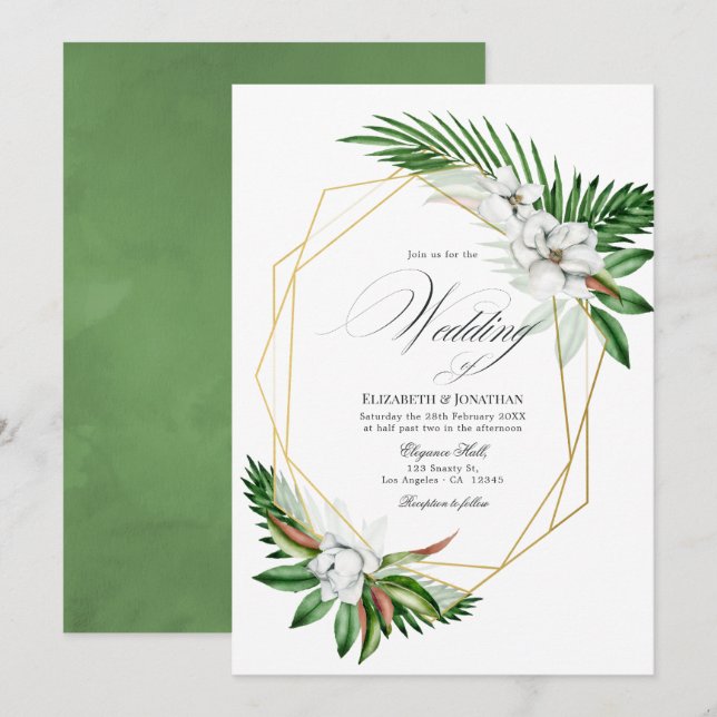 Invitación Boda geométrica de greenery tropical con acuarela (Anverso / Reverso)