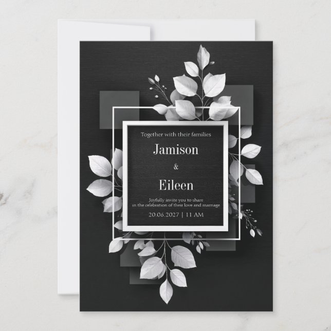 Invitación Boda Geométrica de Hoja Blanca Negra Monocromática (Anverso)